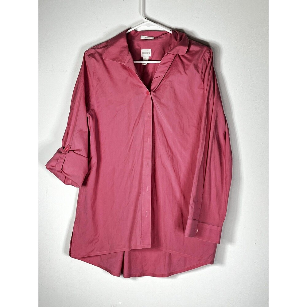 Chico's Shirt Womens 1 M Pink No Iron Button Roll Tab 3/4 Sleeve Tunic Top